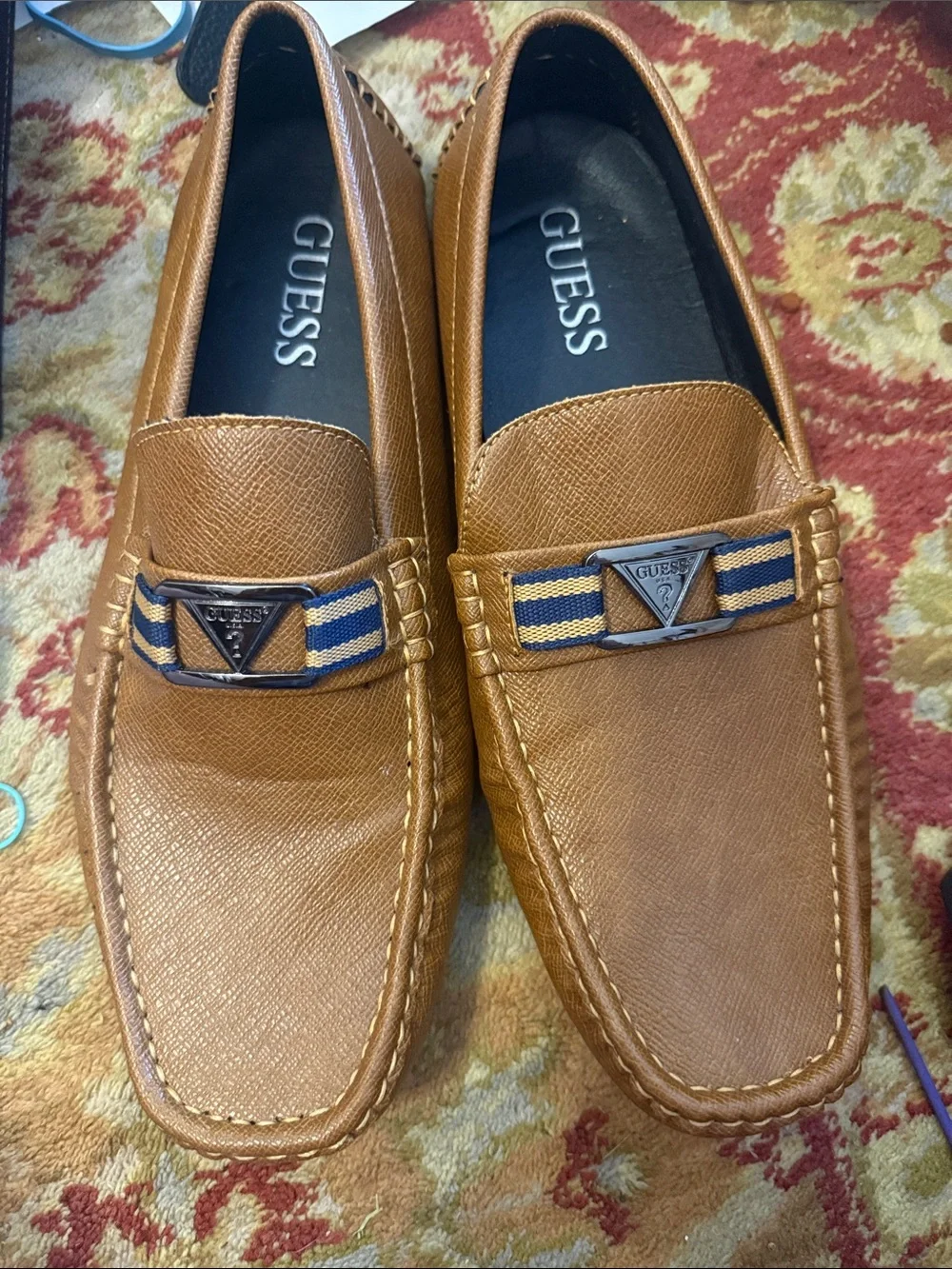 GUESS Tan Leather Loafer with Blue-Striped Accent